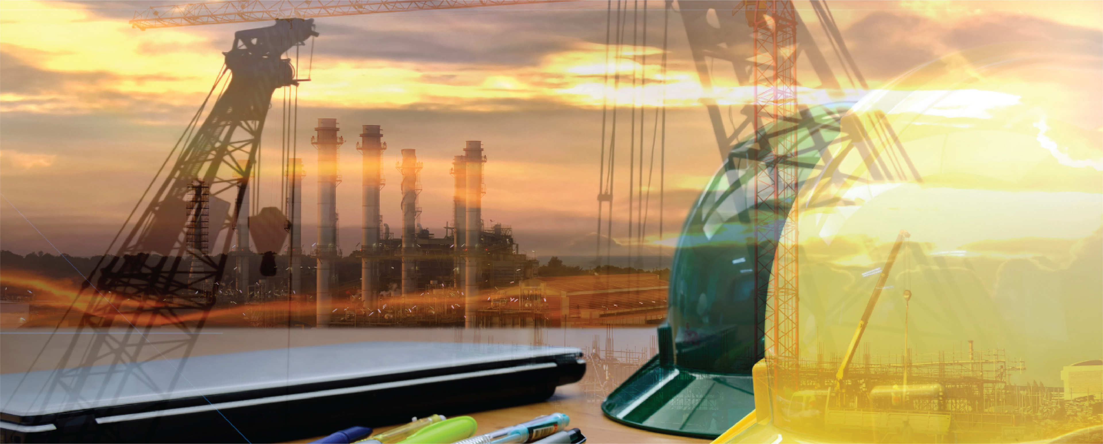 "Construction and industrial inspection background with hard hats, tablet, and cranes at sunset—symbolizing field technology and ergonomic safety solutions by Fitek Gear.