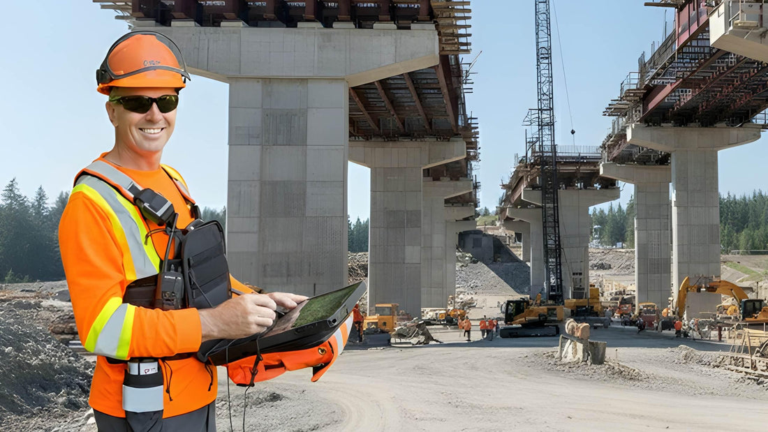 Field operator wearing a Fitek Gear ergonomic tablet harness on a construction site, using a rugged tablet during inspection work.