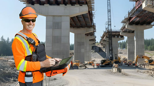 Field operator wearing a Fitek Gear ergonomic tablet harness on a construction site, using a rugged tablet during inspection work.