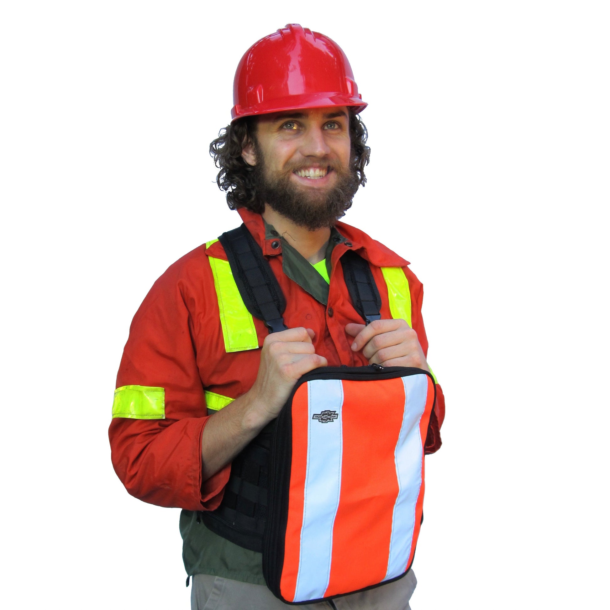 Smiling construction worker wearing a red hard hat and high-visibility clothing, demonstrating the Fitek Ruxton Chest Pack with a high-visibility orange and reflective ablet pack