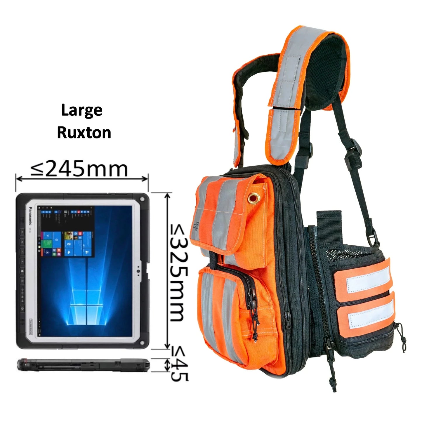 Large High-viz drone controller harness with orange pockets and reflective shoulder cover