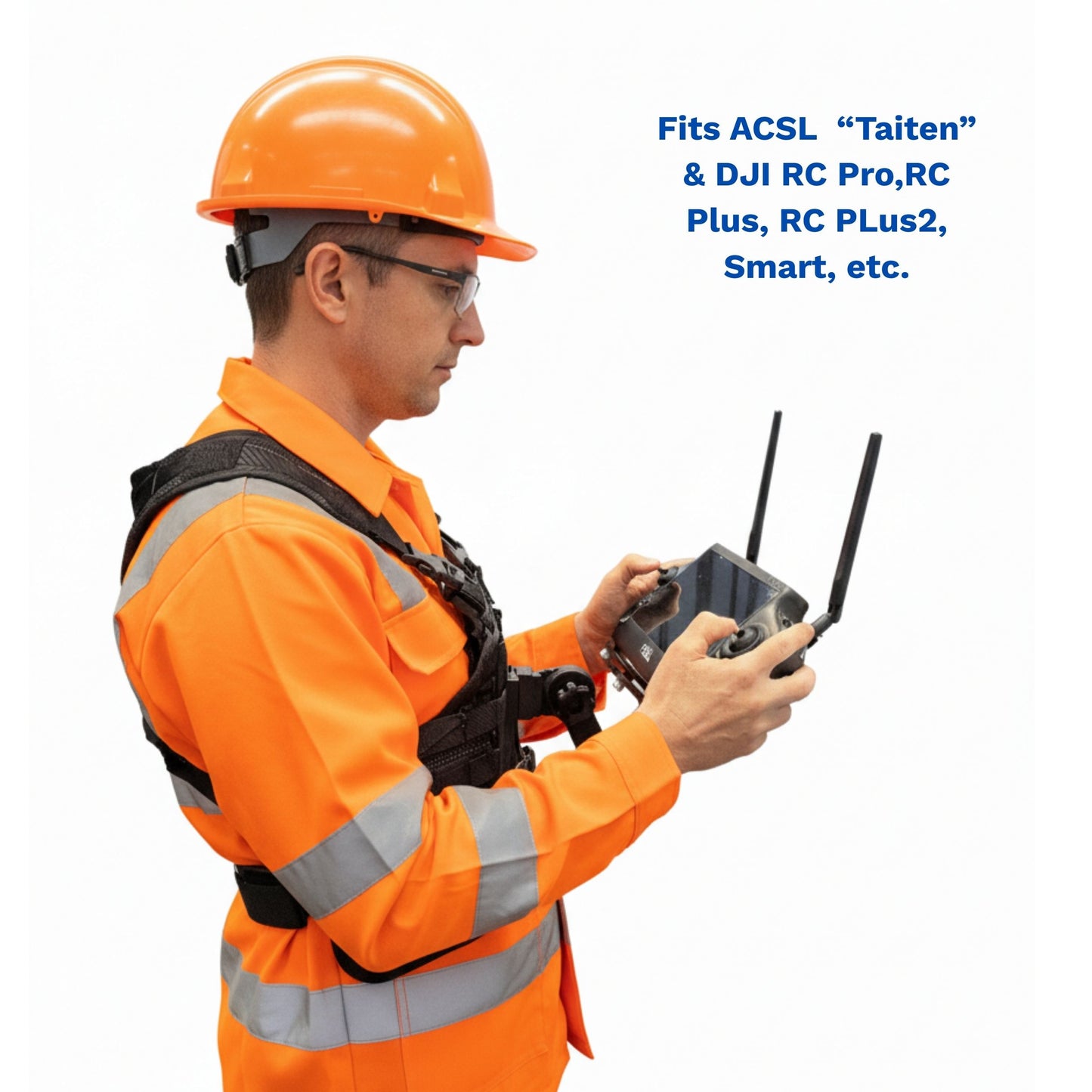 FITEK GEAR chest mount supporting the ACSL Taiten smart controller and DJI RC Pro for professional drone missions.