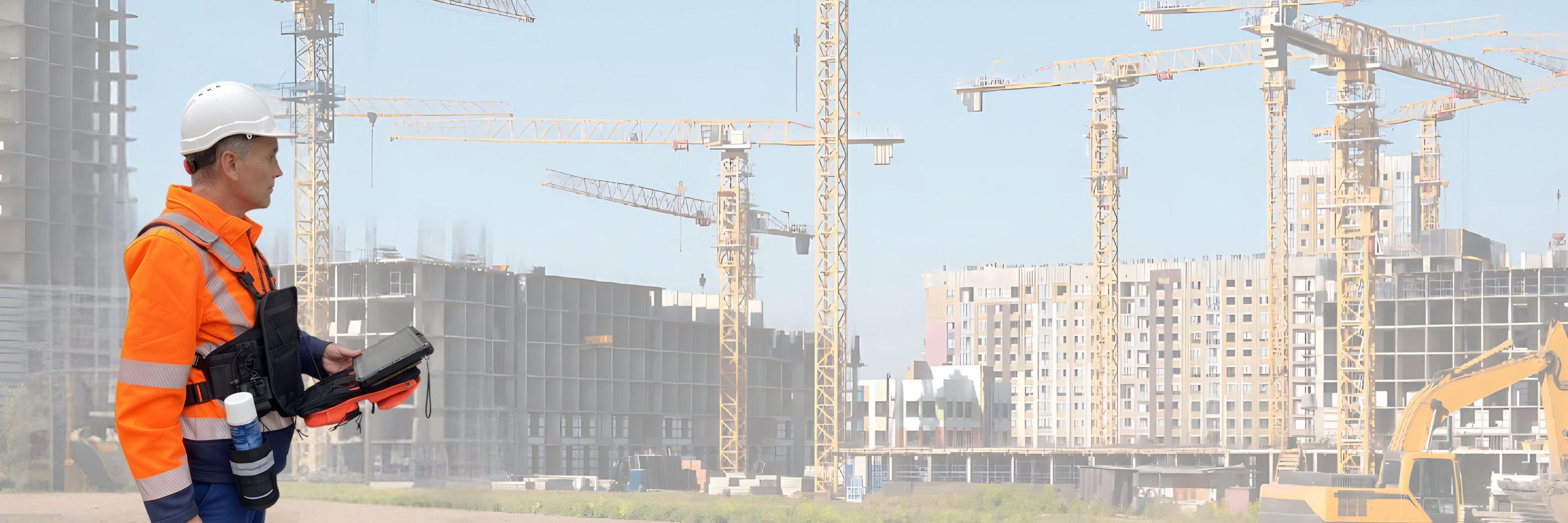 A construction manager in a hard hat and high-visibility safety orange gear using a Tablet EX Gear Ruxton Pack to manage digital blueprints on a rugged tablet at a large-scale building site with cranes.
