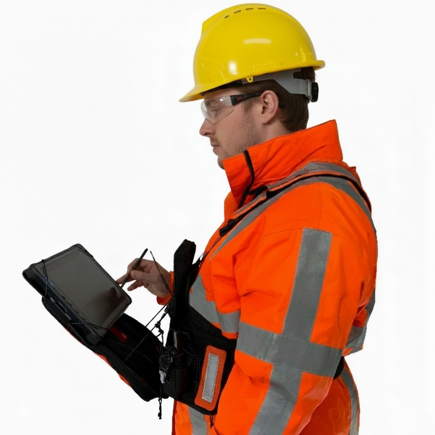 Construction professional in a yellow hard hat and safety jacket using a stylus on a rugged tablet supported by a chest-mounted harness.