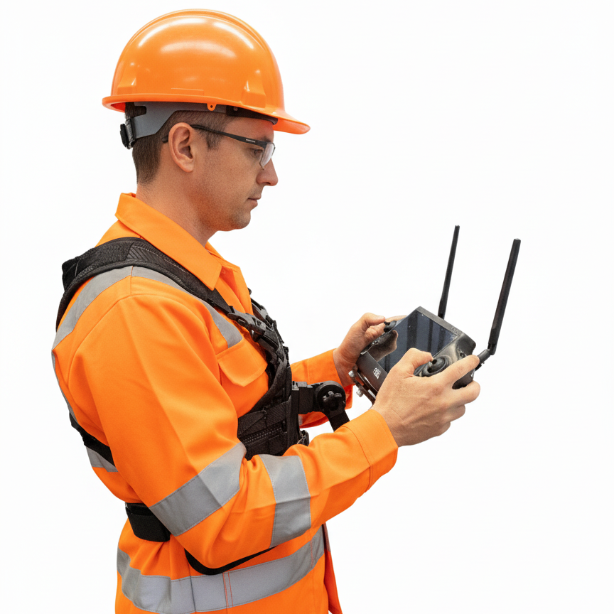Professional drone pilot in orange high-visibility safety jumpsuit and hard hat operating a remote controller with antennas.
