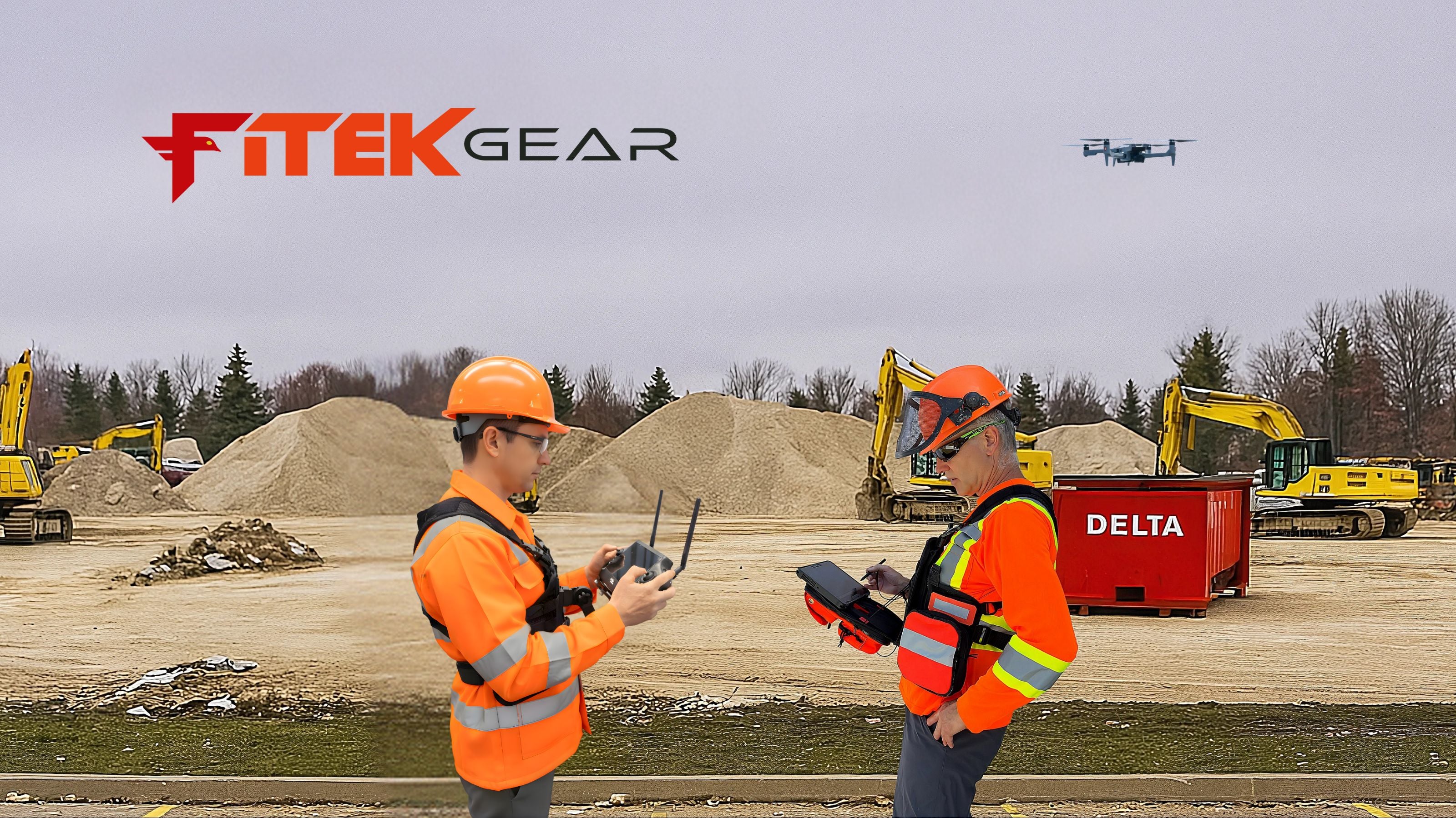 Two construction professionals using a drone controller and tablet for site mapping and survey at a construction project.