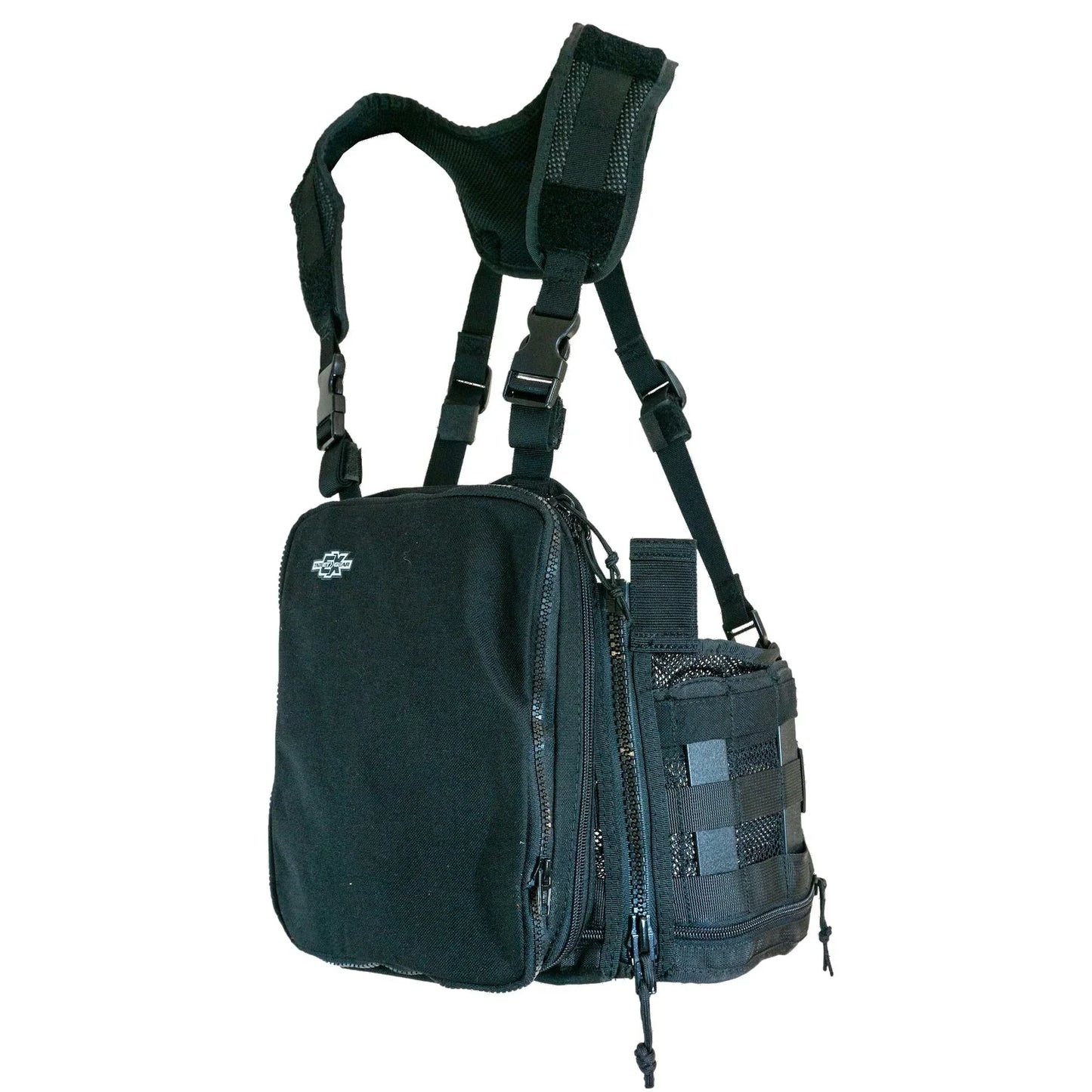 A front profile of a black Tablet EX Gear Ruxton Pack showing the heavy-duty shoulder harness, adjustable torso straps, and breathable mesh back for all-day field comfort.