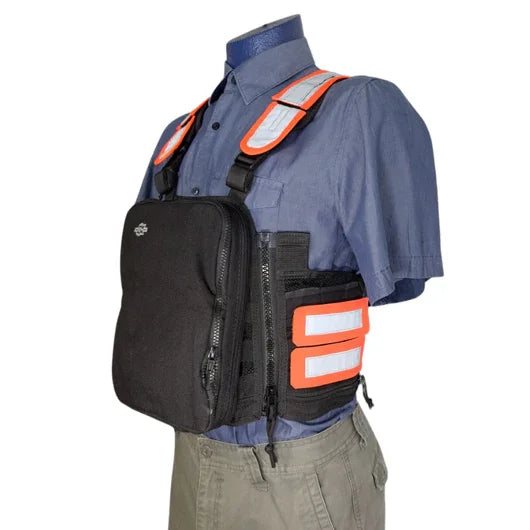 Drone operator wearing orange reflective shoulder cover for Ruxton harness