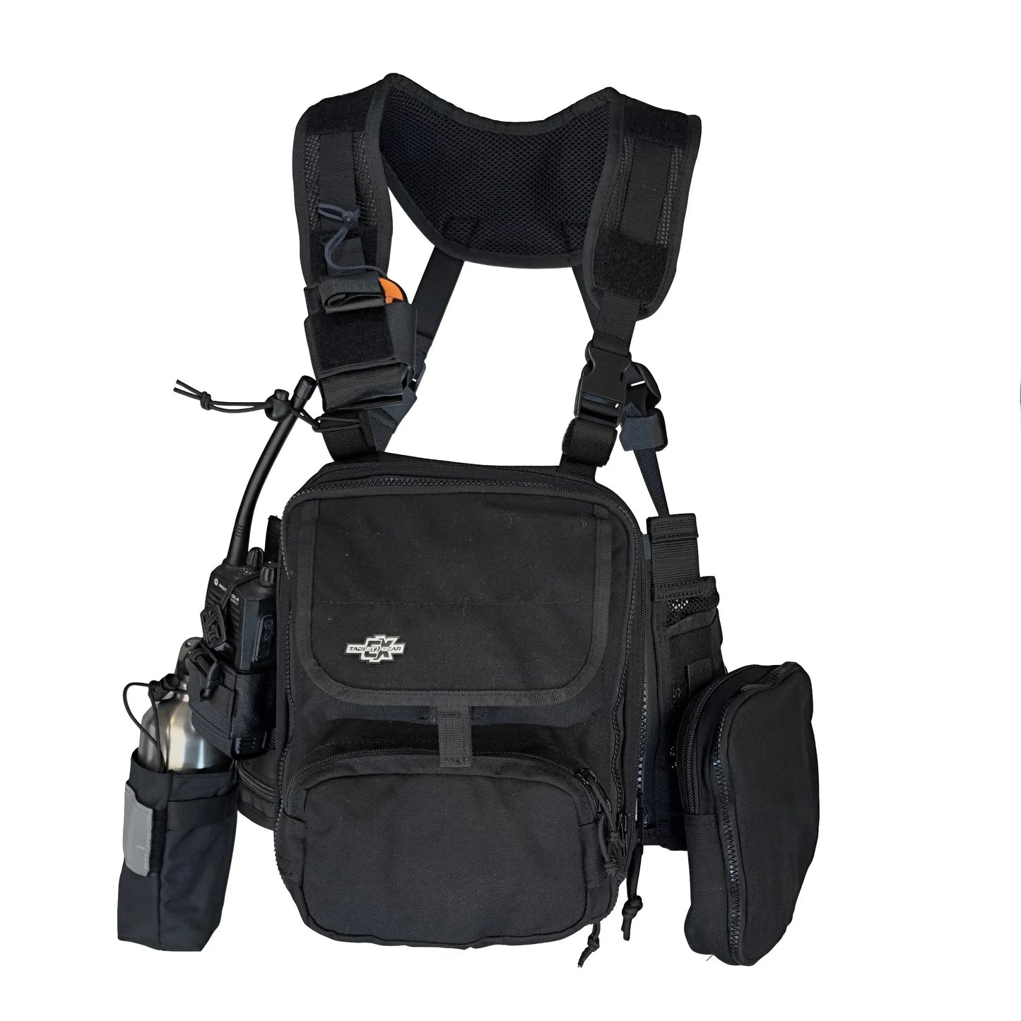 A black Tablet EX Gear Ruxton Pack in a full tactical loadout, featuring a secure tablet compartment, integrated radio holster, modular utility pouches, and a water bottle carrier for extended field operations.