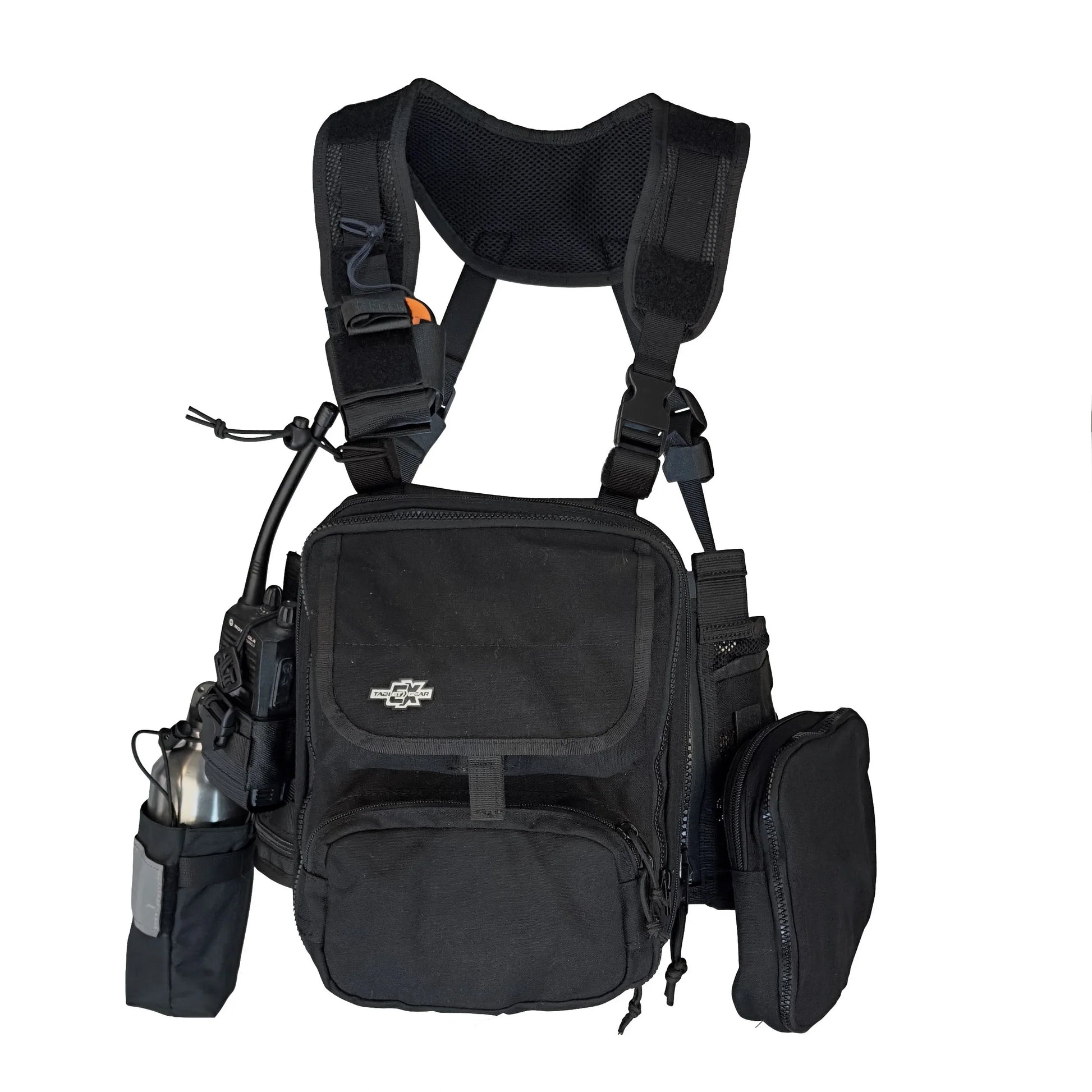A black Tablet EX Gear Ruxton Pack in a full tactical loadout, featuring a secure tablet compartment, integrated radio holster, modular utility pouches, and a water bottle carrier for extended field operations.